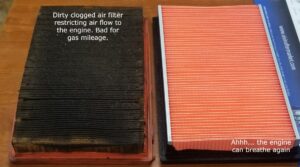 Side by side image of a dirty air filter and clean air filter