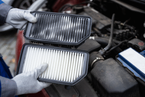Side by side comparison of dirty cabin air filter vs clean cabin air filter