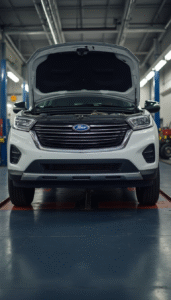 Vehicle with hood open on a car lift