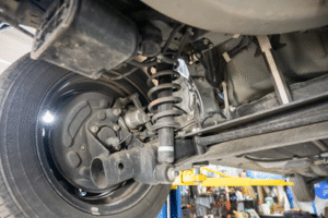 Underside view of vehicle showing suspension